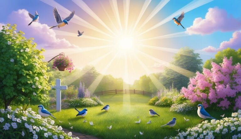 Bright sun over a peaceful garden with birds, flowers, and a cross