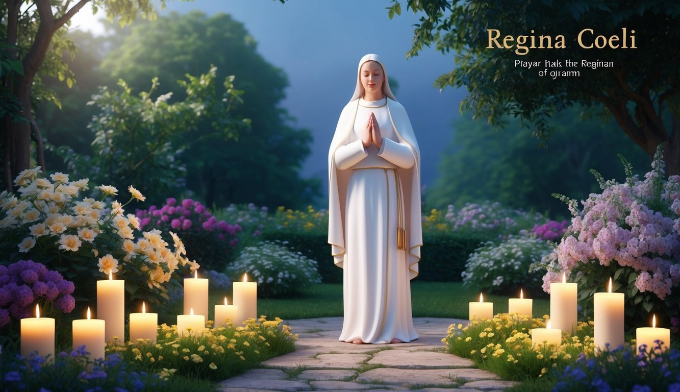 A figure stands in a peaceful garden, surrounded by blooming flowers and softly glowing candles, reciting the Regina Coeli prayer