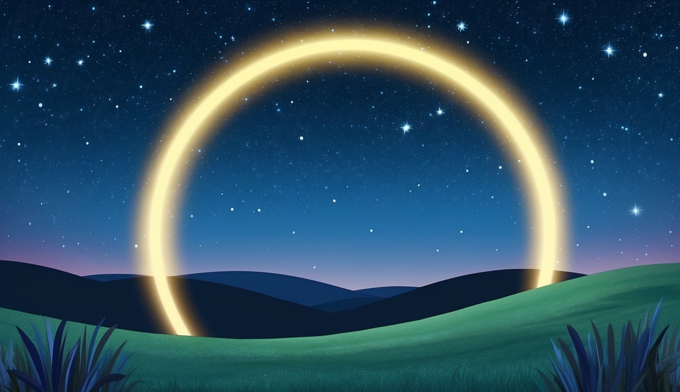 A serene night sky with stars shining brightly, while a glowing halo encircles a peaceful landscape