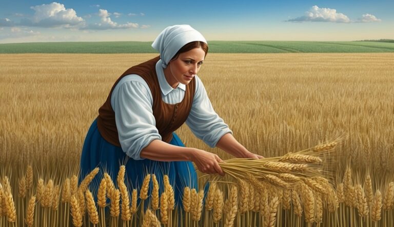 Woman in field gathering wheat, wearing traditional clothing, sunny day