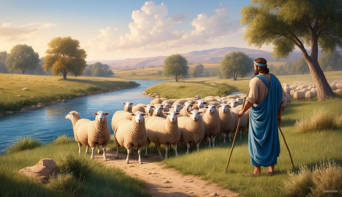 A serene landscape with a river, a flock of sheep, and a shepherd's staff, set in ancient biblical times