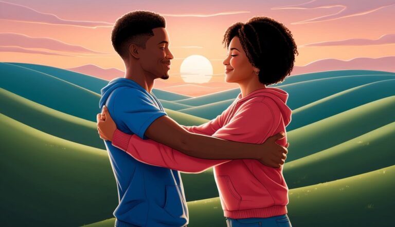 Couple embracing, smiling, in front of a sunset over rolling green hills
