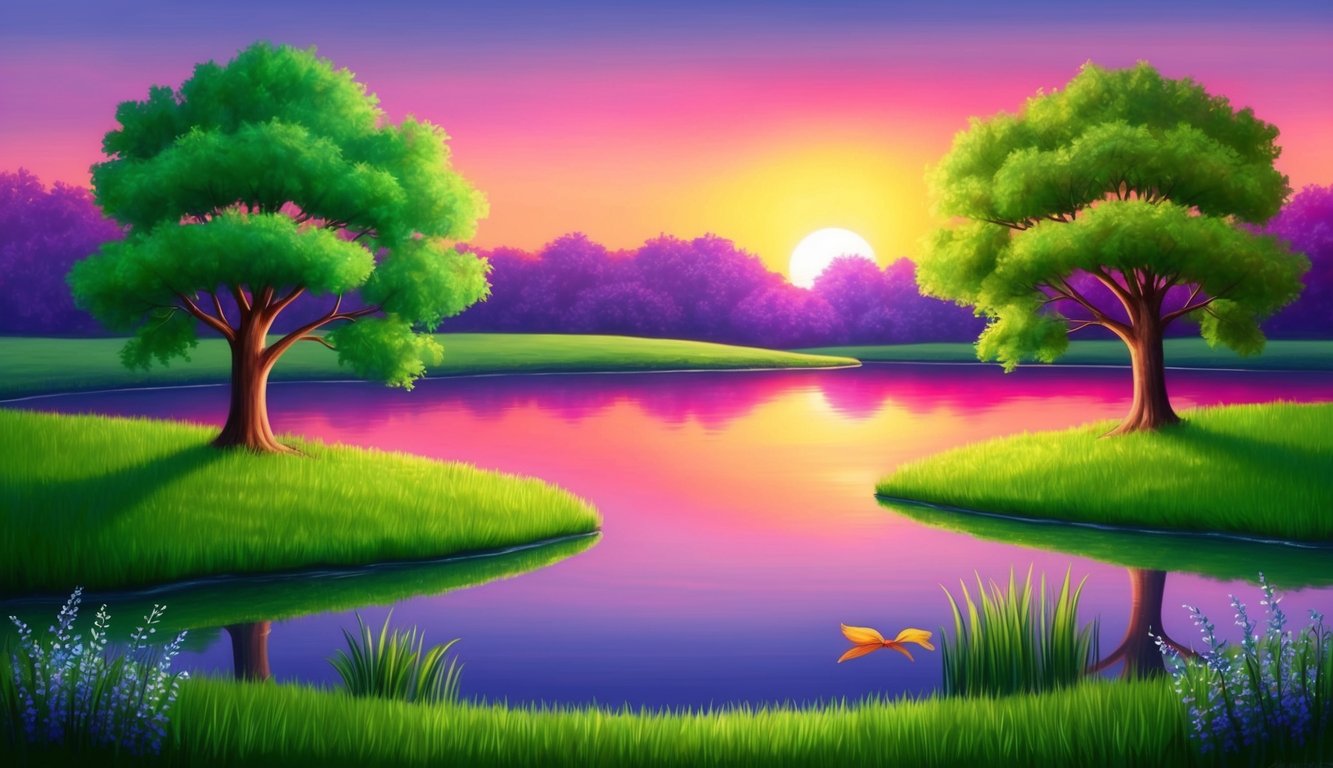 A serene pond reflects a vibrant sunset, with two trees leaning towards each other, symbolizing love and friendship