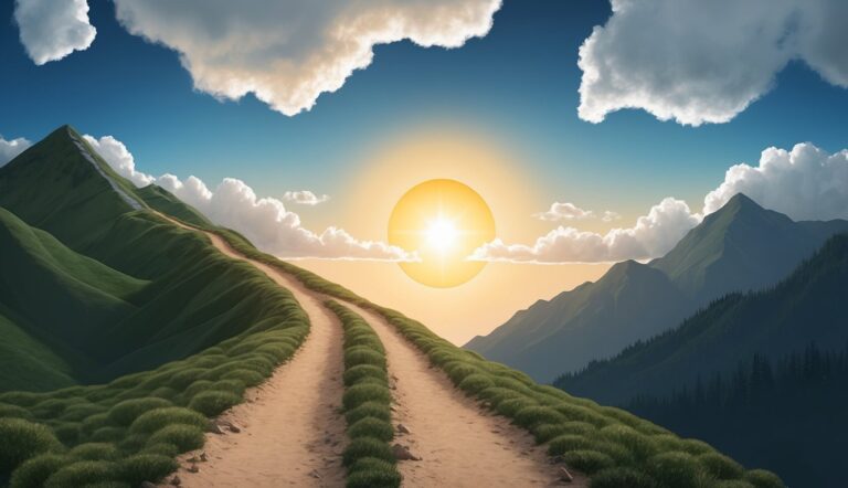 Dirt path winding through green mountains toward a bright sun