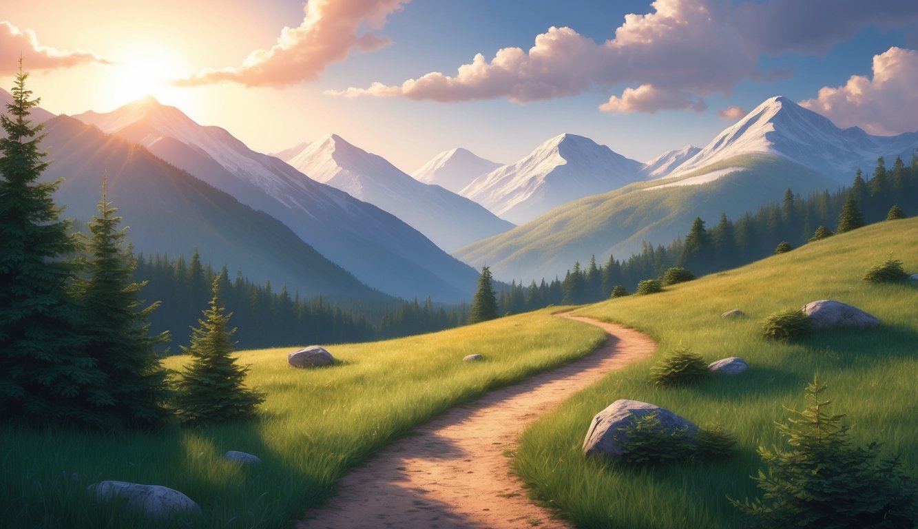 A serene mountain landscape with a winding path leading to a peaceful, sunlit clearing