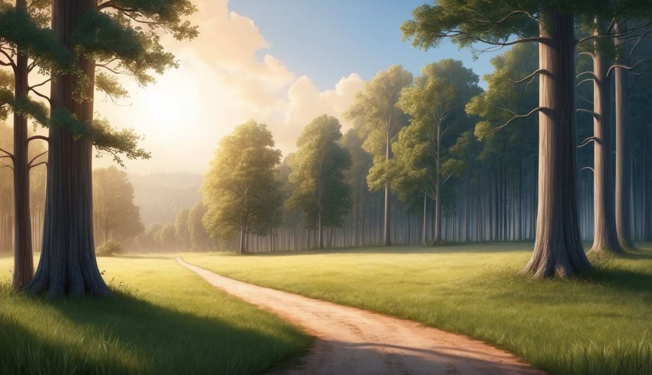 A serene landscape with a path leading to a peaceful, sunlit clearing surrounded by tall trees