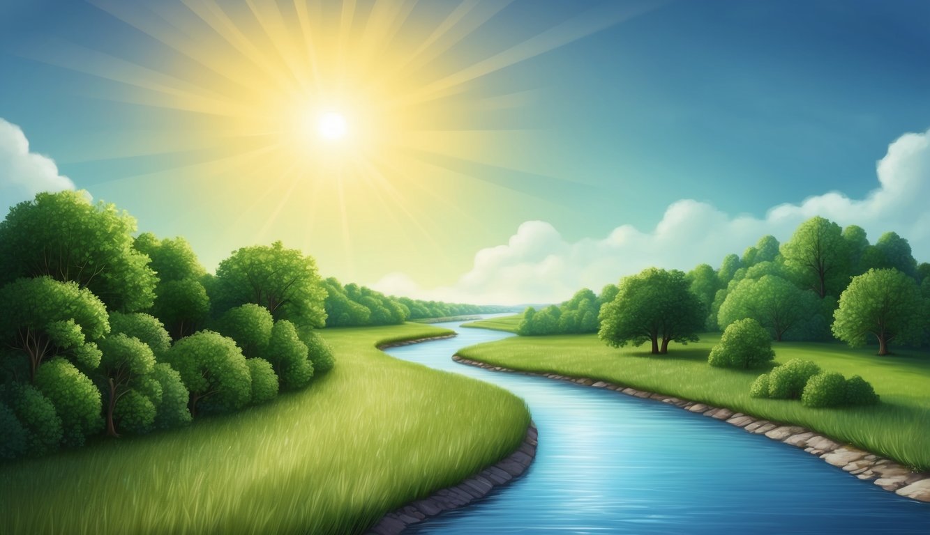 A serene landscape with a winding river, lush greenery, and a radiant sun shining down from the sky