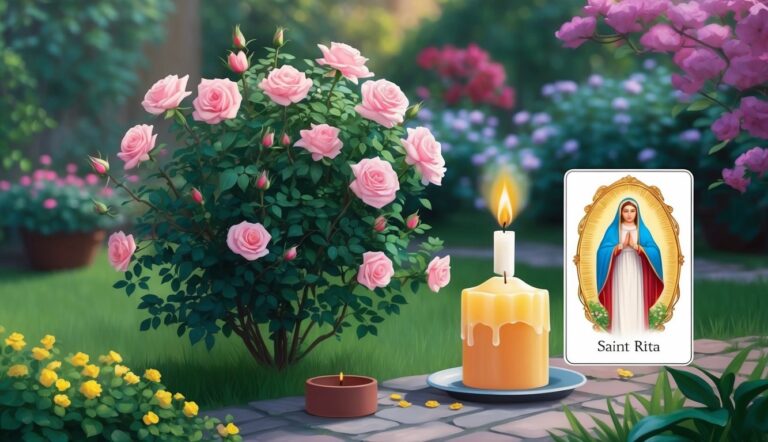 Pink roses, candles, and a Saint Rita card in a garden setting
