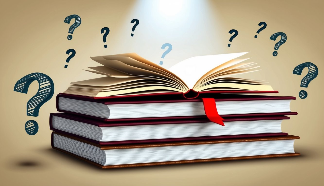 A stack of open books with a spotlight shining on them, surrounded by question marks and exclamation points floating in the air