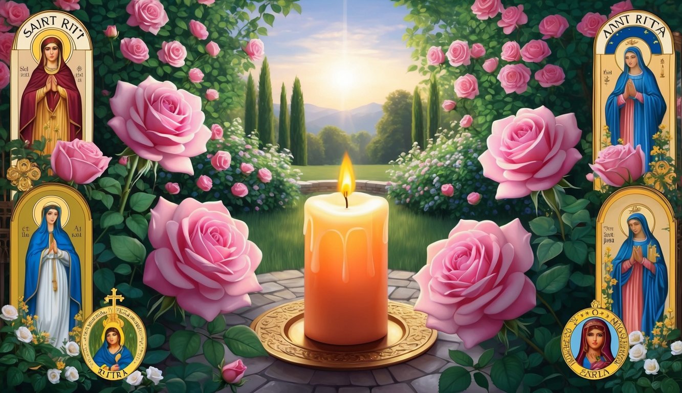 A serene garden with blooming roses and a glowing candle, surrounded by images of Saint Rita and symbols of faith