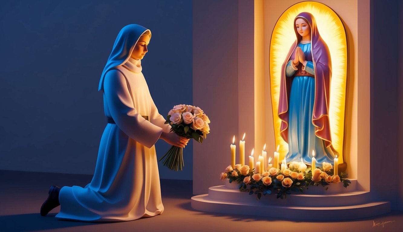 A lone figure kneels before an illuminated statue of Saint Rita, surrounded by flickering candles and offering a bouquet of roses