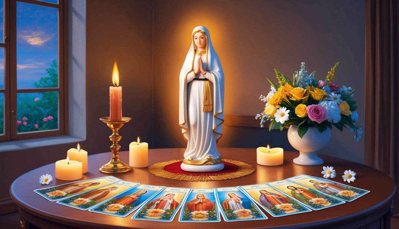 A serene candlelit room with a statue of Saint Rita surrounded by prayer cards and flowers