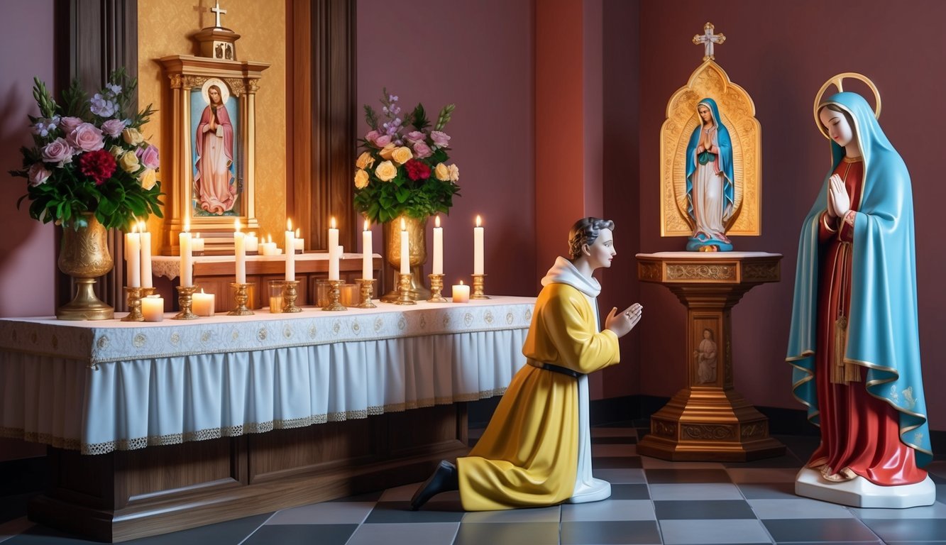 A candle-lit altar with flowers and religious icons, a figure kneeling in prayer to a statue of Mary