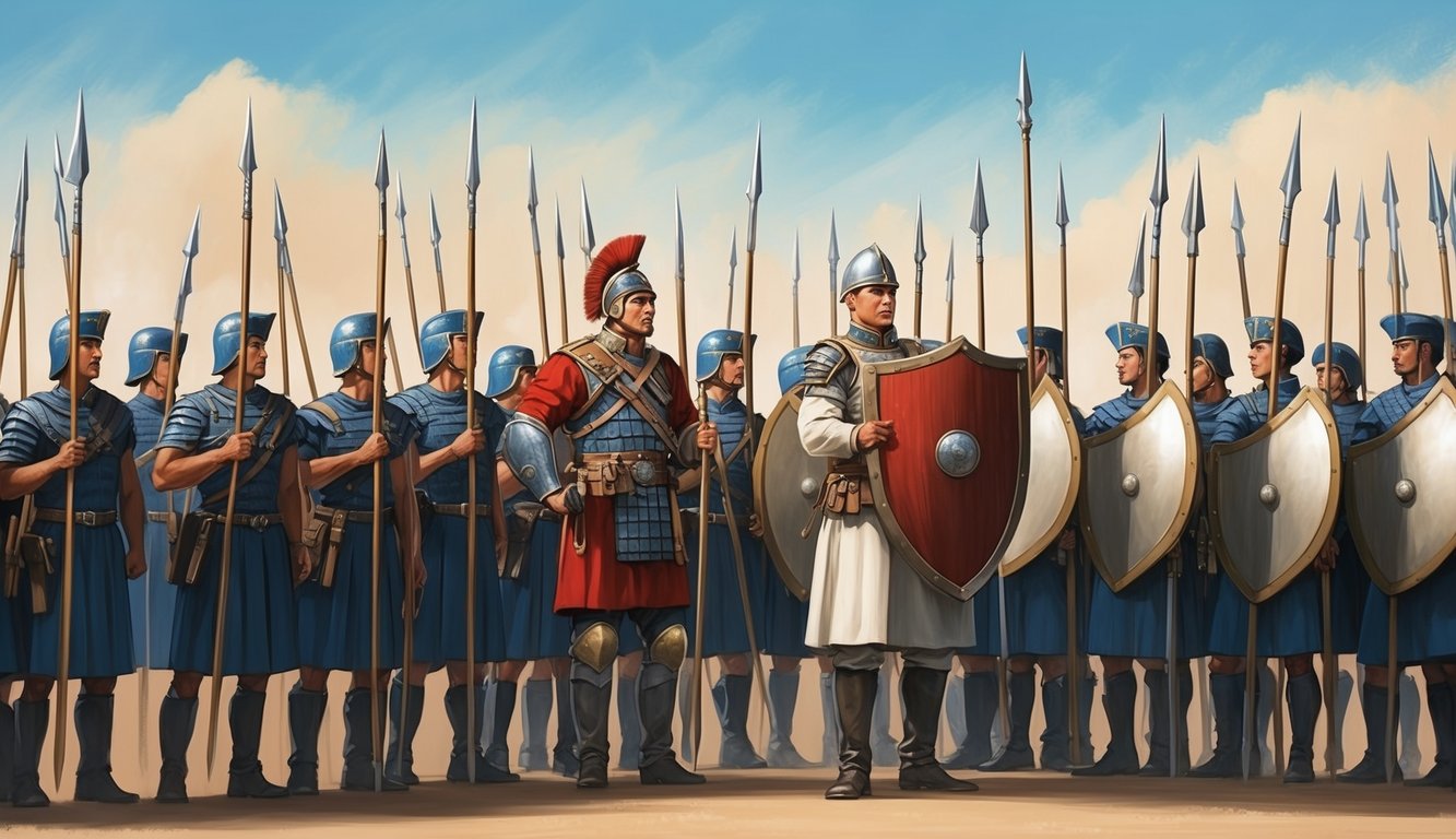 A group of soldiers standing in formation, holding spears and shields, with a leader giving a motivational speech