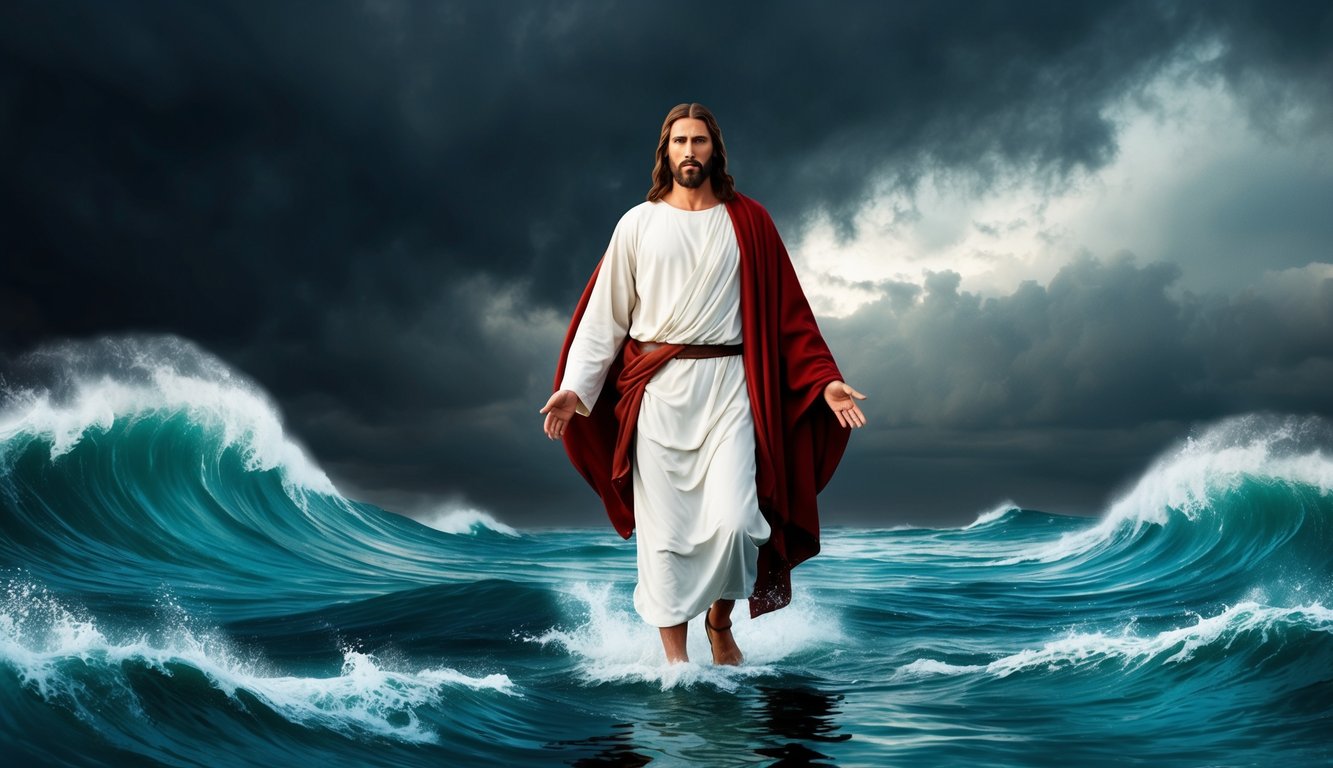 Jesus walks on water, surrounded by stormy waves and a dark, dramatic sky