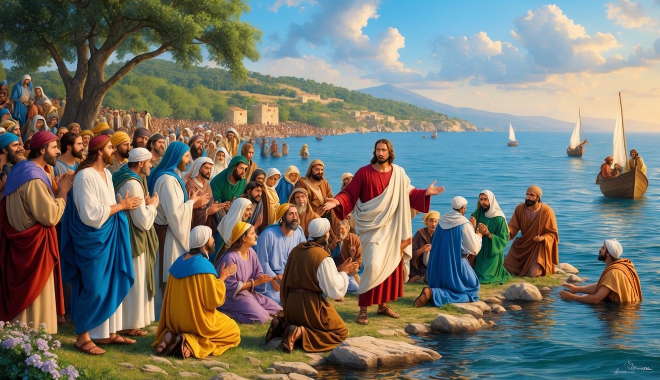 A crowd gathers by the sea as Jesus heals the sick in Gennesaret.</p><p>His compassion and power are evident as he brings relief to those in need