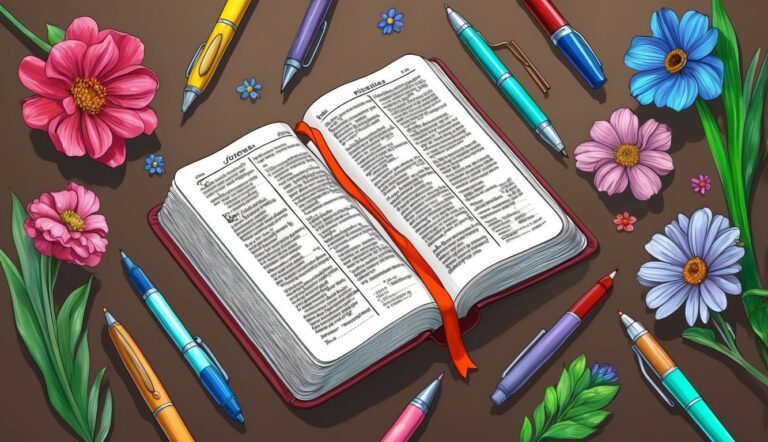 Open book with red ribbon, colorful pens, and flowers on a table