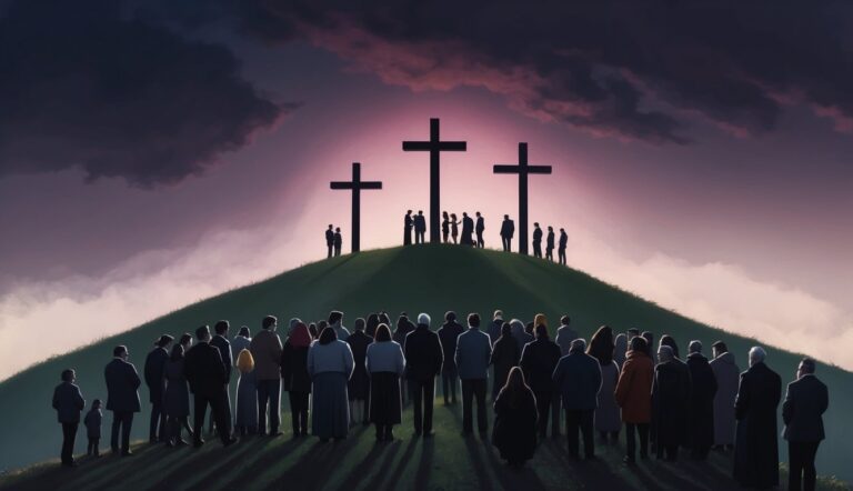 People gathered before three crosses on a hill, under a dark sky