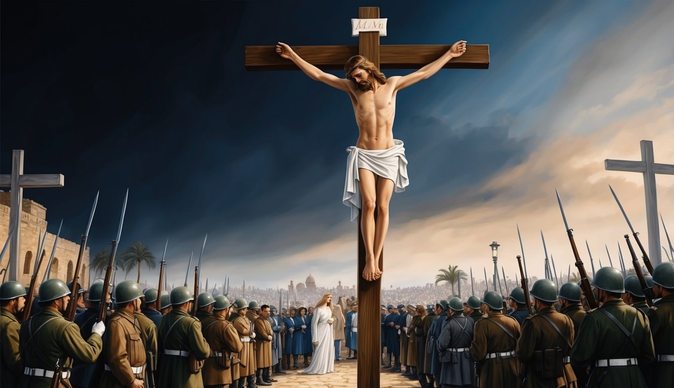 A figure on a cross, surrounded by a crowd and soldiers.</p><p>Sky darkened