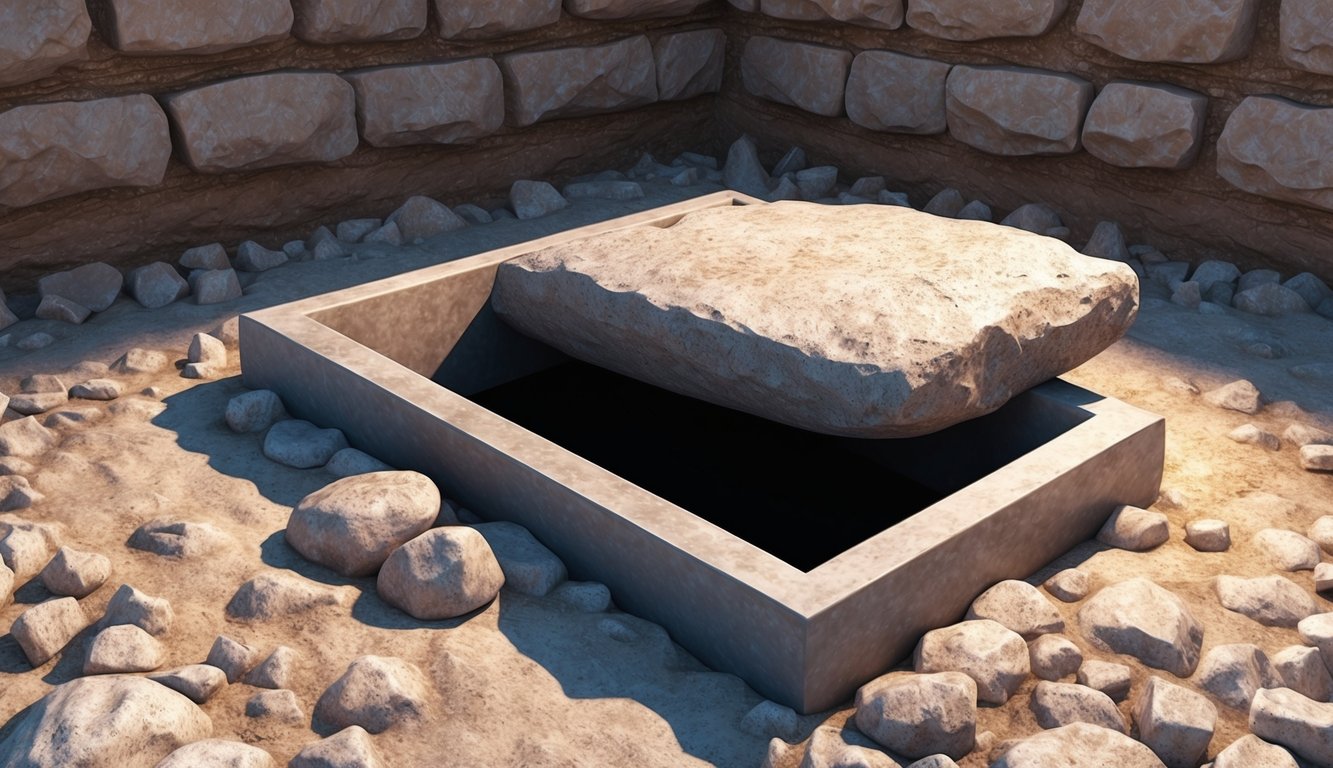 A stone rolled away from a tomb, revealing an empty burial chamber