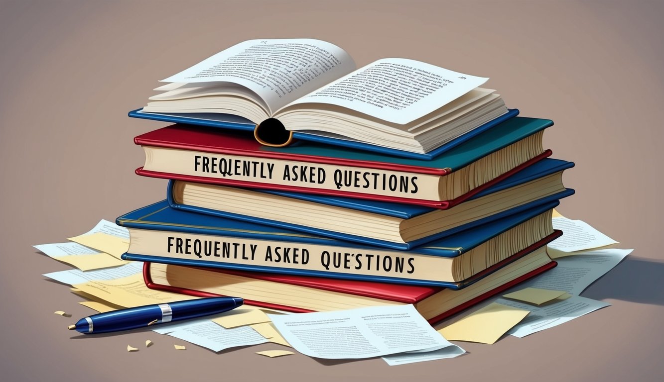 A stack of books with "Frequently Asked Questions" on cover, open to page 27, surrounded by scattered papers and a pen