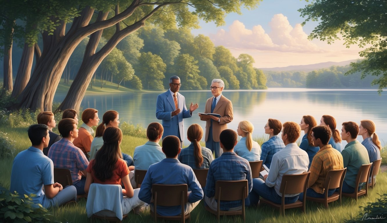 A serene lakeside with a group of people gathered around a teacher, listening intently as he speaks, surrounded by trees and a peaceful atmosphere