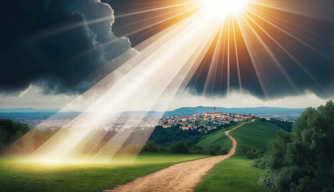 A radiant beam of light breaking through dark clouds, illuminating a path towards a distant city on a hill