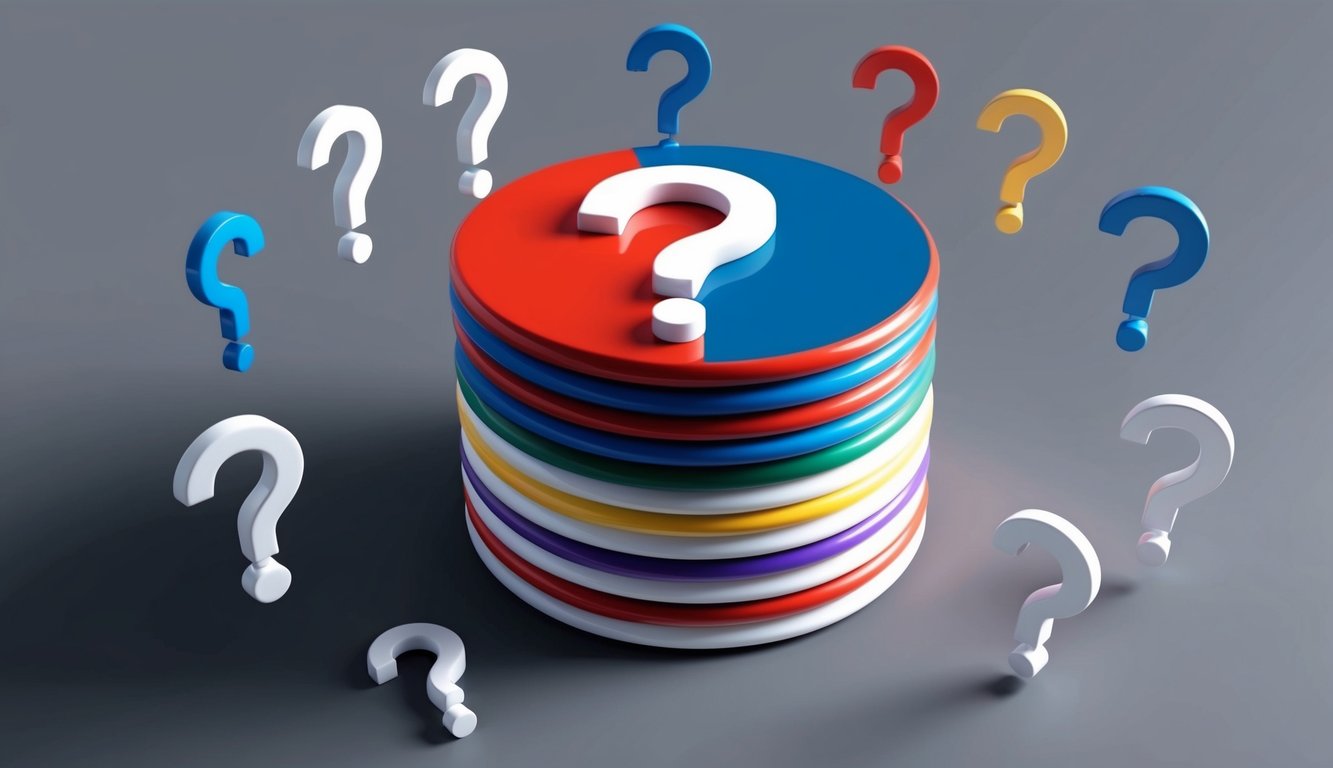 A stack of colorful question mark symbols arranged in a circular pattern, with smaller question marks floating around them