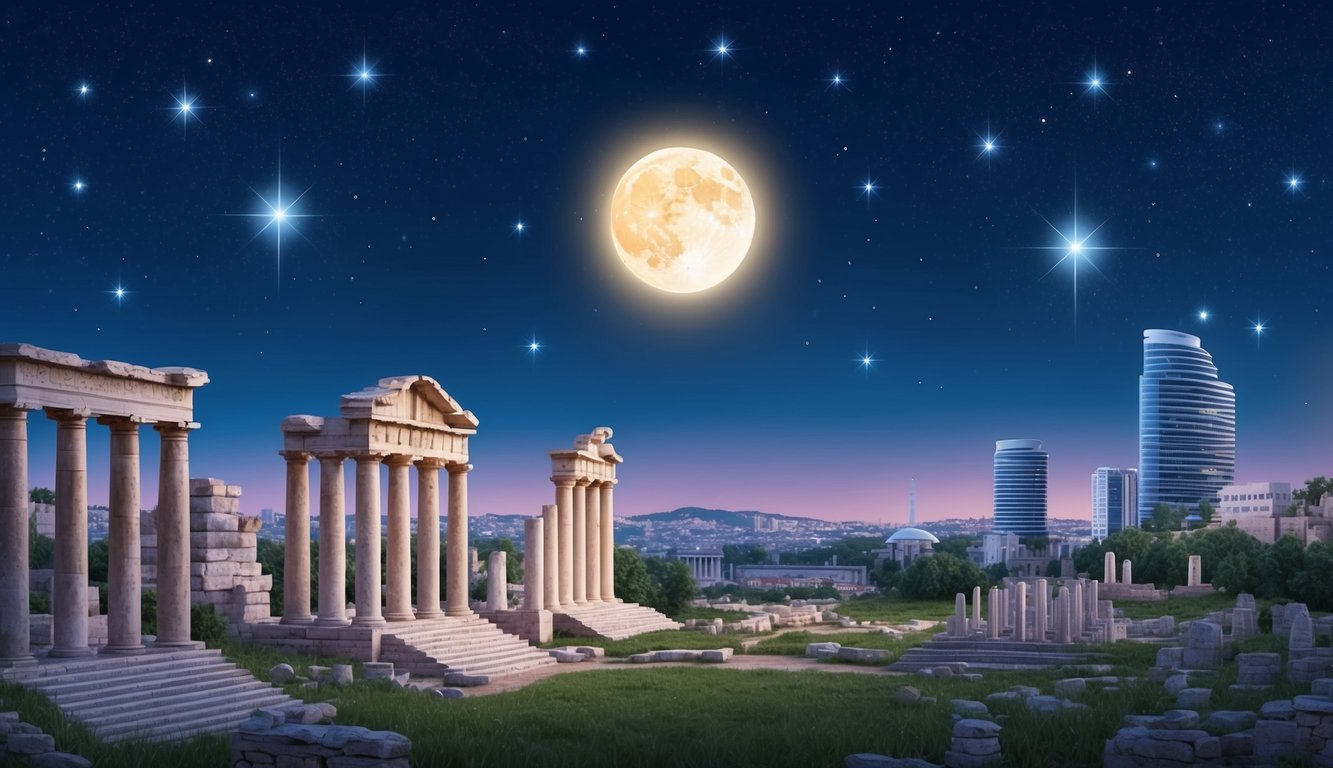 A serene night sky with a glowing moon and twinkling stars, surrounded by ancient ruins and modern cityscape