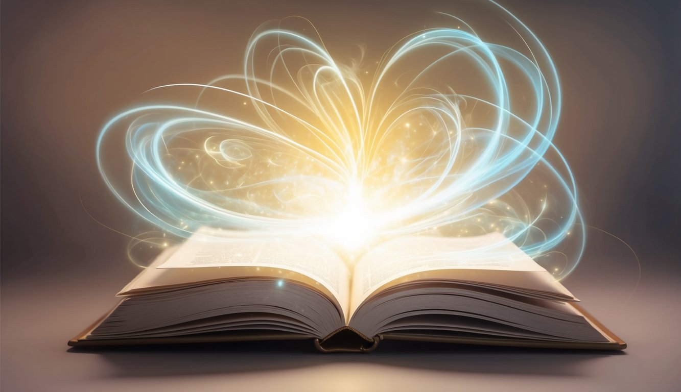 A glowing, ethereal light emanates from an open book, surrounded by swirling wisps of energy and a sense of divine presence