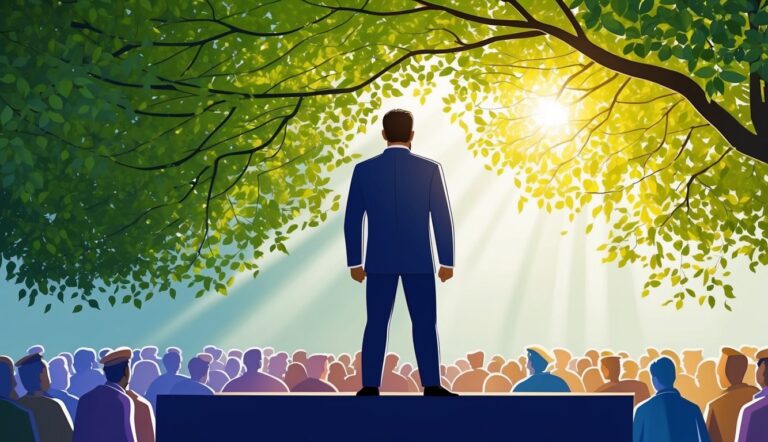 Man in suit stands before crowd under a tree, sunlight shining