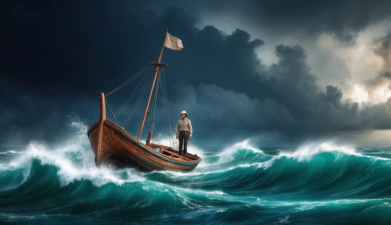 A small wooden fishing boat is tossed about on a stormy sea, with dark clouds and crashing waves, while a figure stands calmly in the midst of the chaos