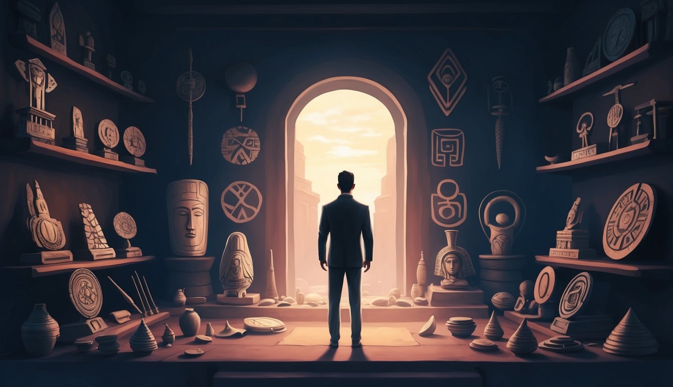 A lone figure stands in a dimly lit room, surrounded by ancient artifacts and symbols representing various cultures