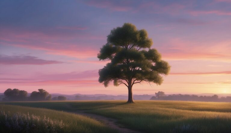 Lone tree in a field at sunset with pink and purple sky