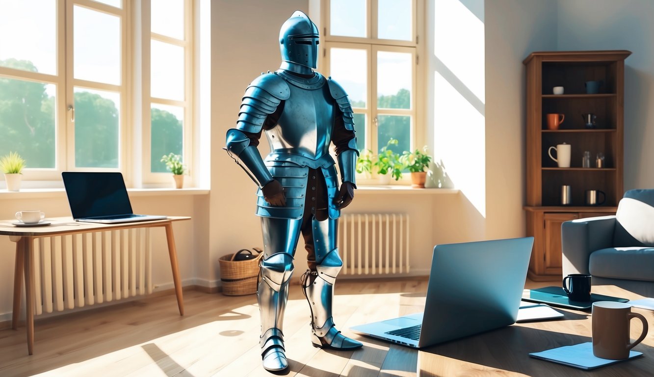 A suit of armor stands in a sunlit room, surrounded by everyday objects like a coffee mug and a laptop, blending the ancient and modern