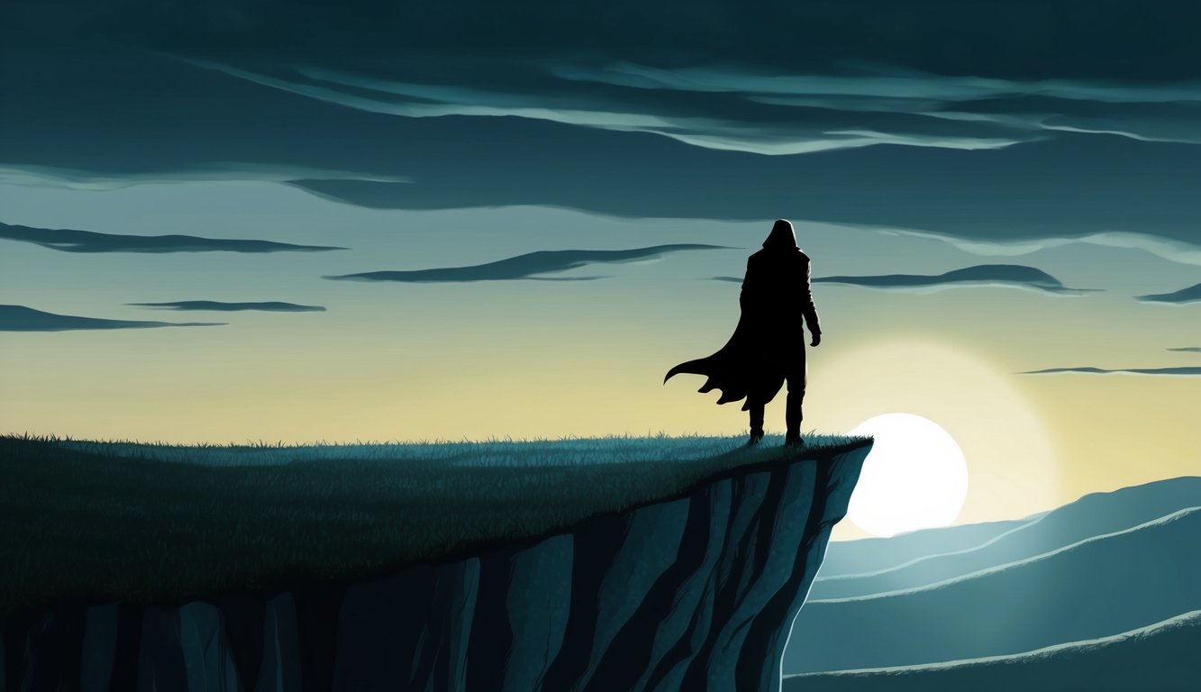 A dark figure stands at the edge of a cliff, looking down at a valley below.</p><p>The setting sun casts a foreboding shadow over the landscape