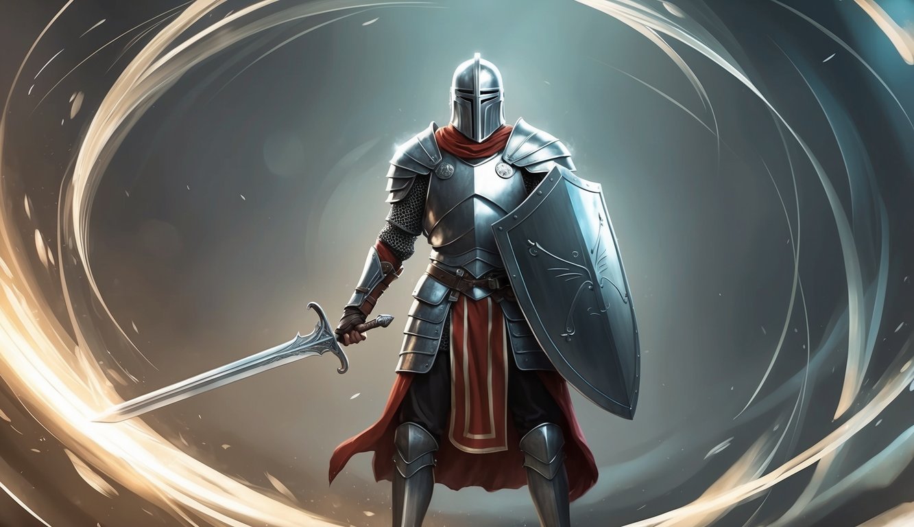 A figure stands in shining armor, surrounded by swirling light and shadow, wielding a sword and shield against unseen forces