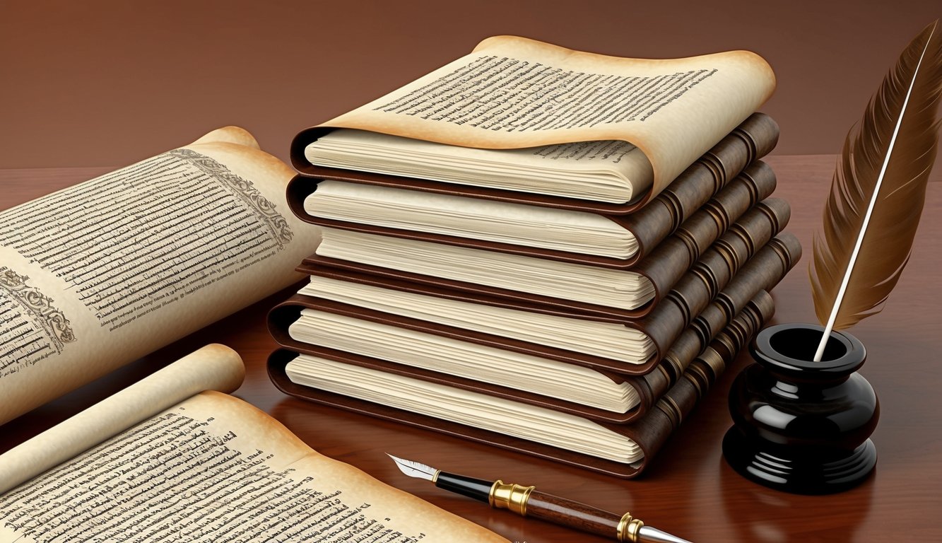 A stack of open scrolls with Hebrew text, a quill pen, and an inkwell on a wooden desk