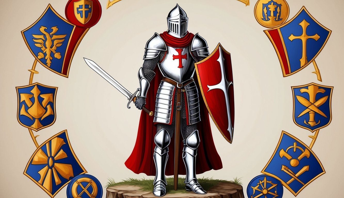 A knight in full armor standing with a shield and sword, surrounded by symbols representing the armor of God