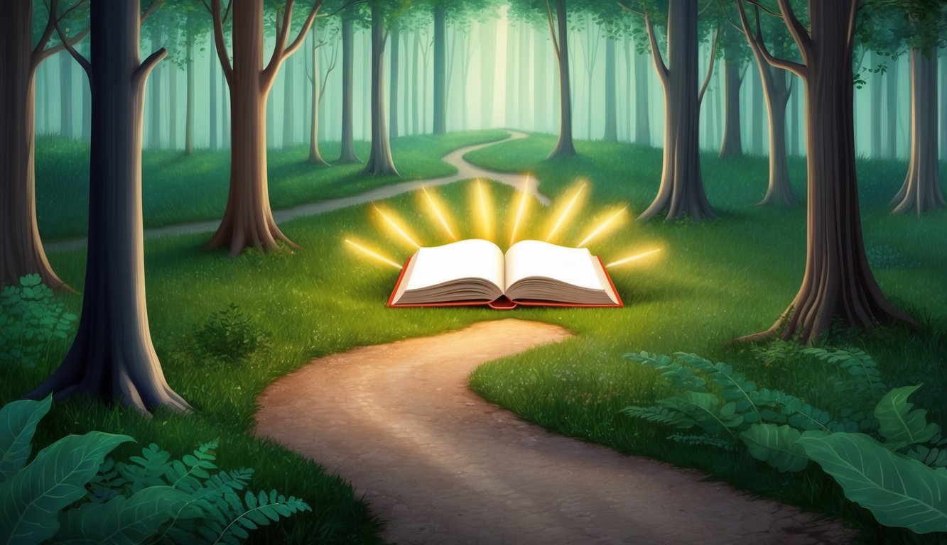 A serene forest clearing with a winding path leading to a glowing, open book surrounded by beams of light