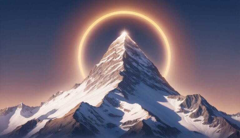 Snow-capped mountain peak with a glowing halo in a dark sky