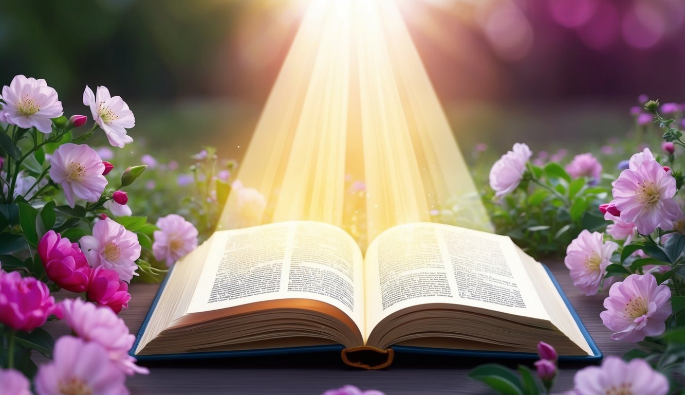 A beam of light shining down on an open book, surrounded by blooming flowers and a peaceful, serene setting