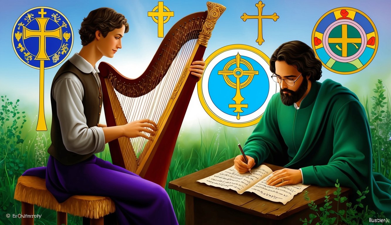 A musician playing a harp and a poet writing on parchment, surrounded by symbols of different faiths