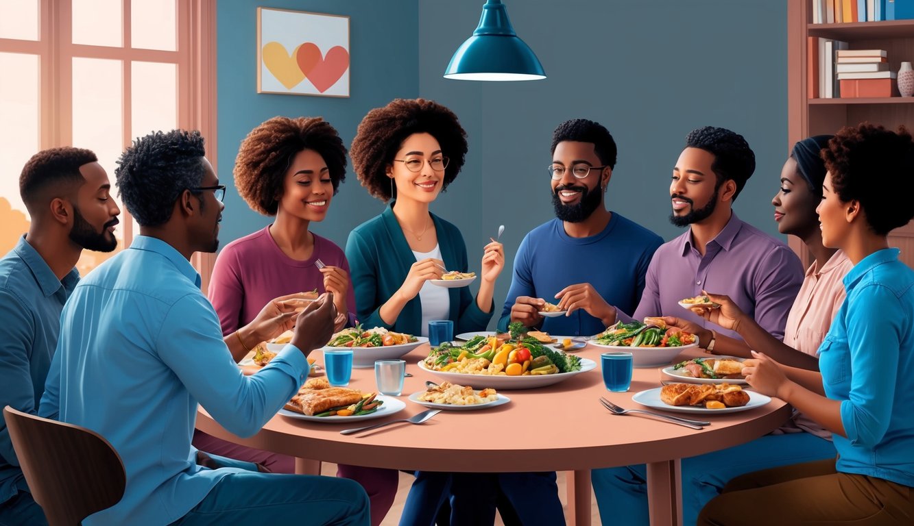 A group of diverse individuals sharing a meal and engaging in deep conversation, displaying love, compassion, and understanding towards one another