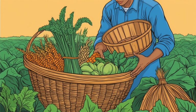 Farmer holding a basket filled with various crops in a field