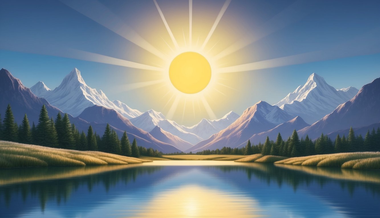 A radiant sun shining over a serene landscape, with majestic mountains and a calm, reflective body of water below