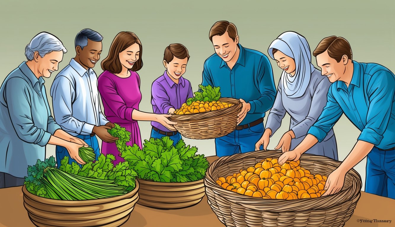 A family placing a portion of their harvest into a communal offering basket, while their neighbors do the same, symbolizing the impact of tithing on both the individual and the community