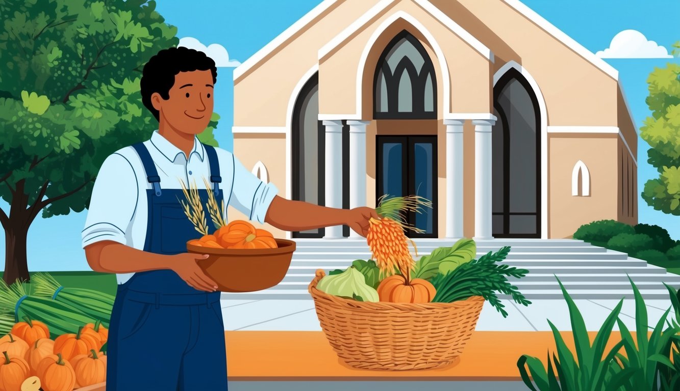 A person placing a portion of their harvest into a collection basket while standing in front of a place of worship