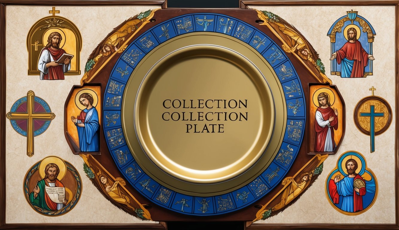 A collection plate surrounded by biblical imagery and symbols