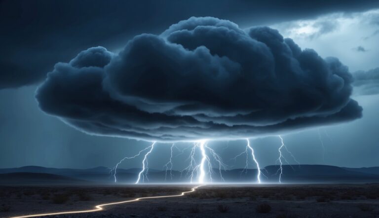 Dark storm cloud with lightning strikes over a desert landscape